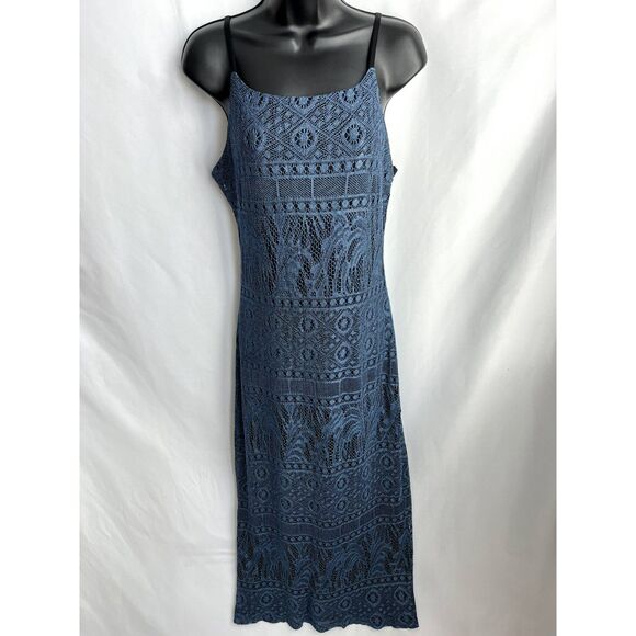 Vintage Acetate Lace Overlay Navy Blue Maxi Dress Size S/M Retro Strappy 90s - Picture 1 of 11